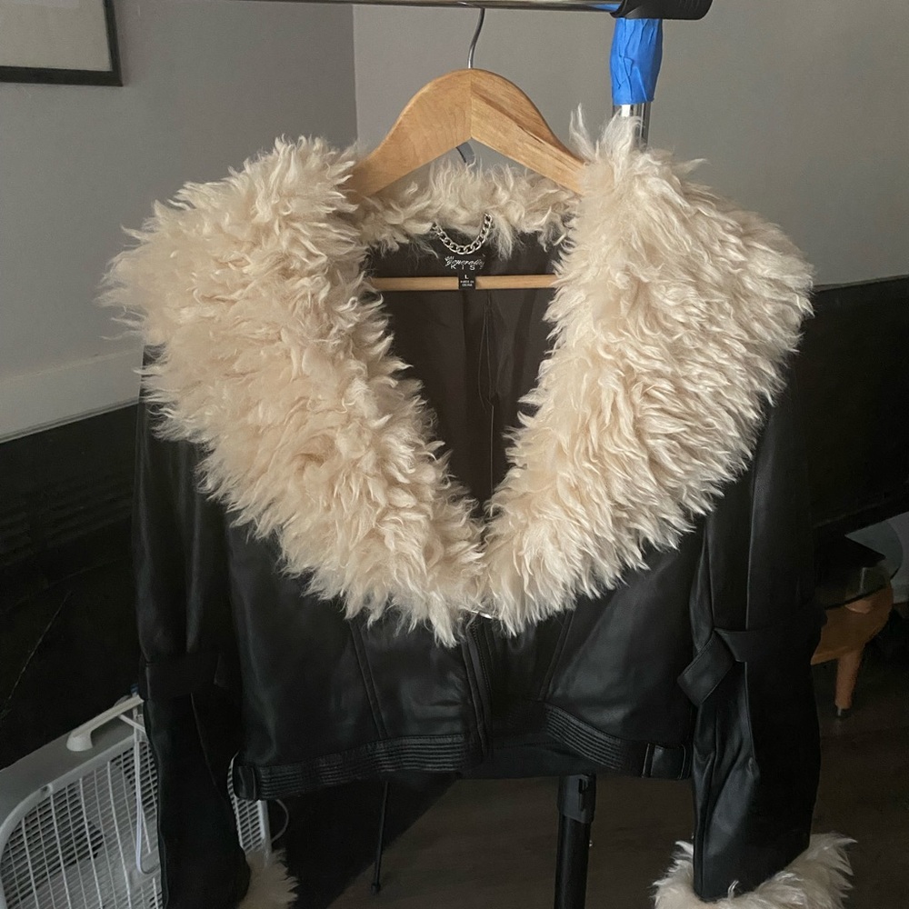 Dolls Kill Black Leather Jacket with Cream Fur Collar